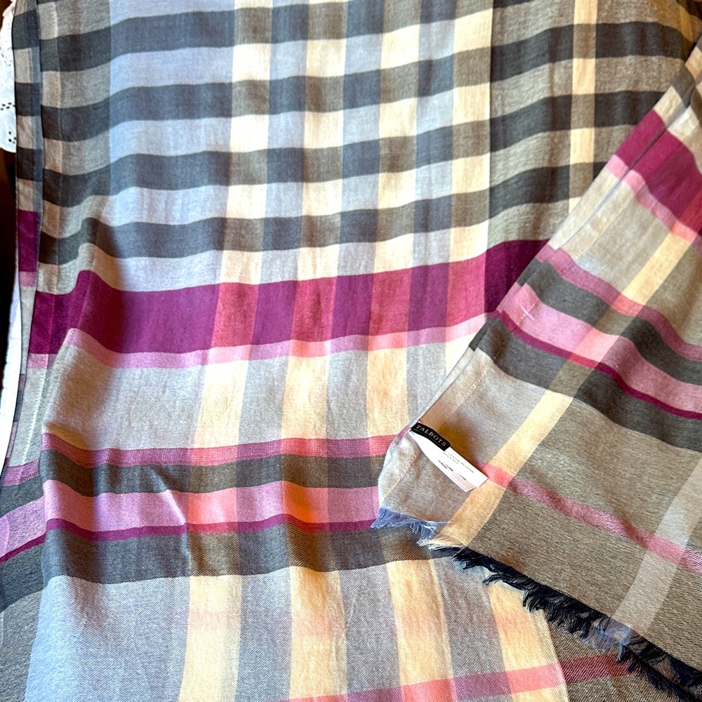 Talbots Plaid Scarf with Blue and Pink Accents